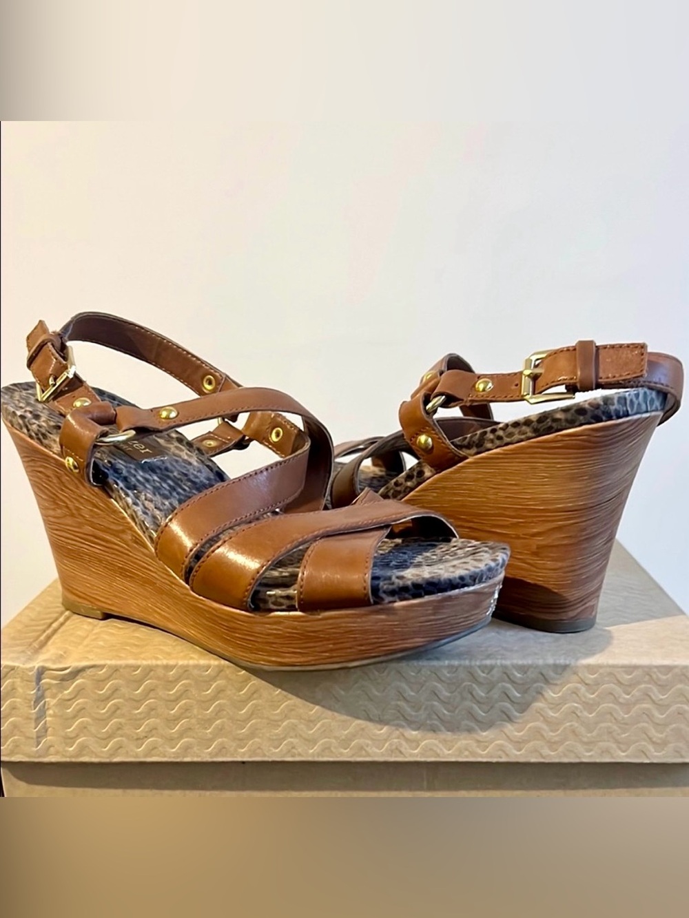 Naturalizer Brown Leather Wedge Sandals with Gold Accents
